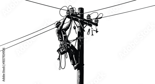 Utility lineman climbing power pole, wearing safety harness and helmet, performing high voltage electrical maintenance and repairs on overhead lines, infrastructure service