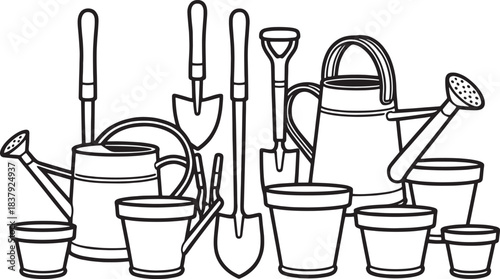 A collection of gardening tools including watering cans shovels and pots spade