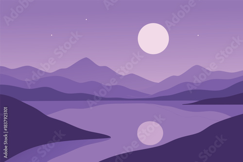 Purple mountain lake landscape with moon reflection