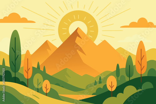 Colorful countryside hills with house and bright sun