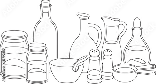 A minimalist line art illustration of kitchen condiments and bottles jars salt shaker