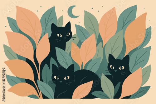 Three black cats hiding in leaves at night
