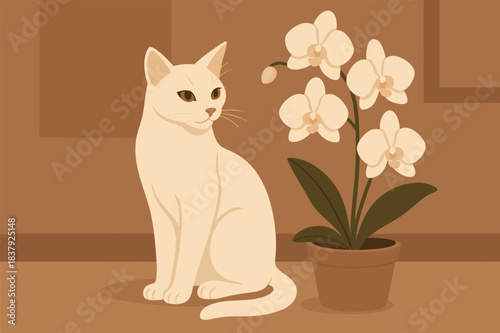 Elegant white cat with potted orchid on table