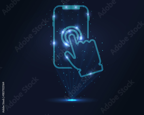 Holographic smartphone with finger tap gesture in glowing wireframe, projected via laser. Particles enhance 3D effect. Ideal for mobile apps, digital interaction, tech branding and futuristic visuals