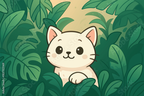 Cute white kitten peeking from tropical jungle leaves