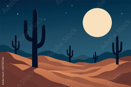 Starry desert night with full moon and cactus silhouettes