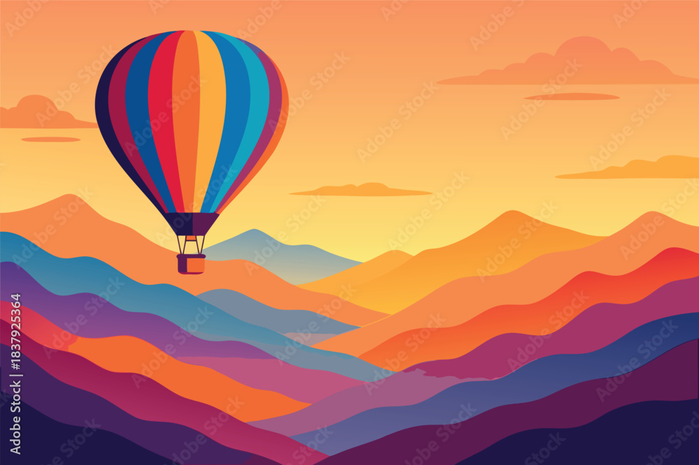Fototapeta premium Colorful hot air balloon over vibrant sunset mountains