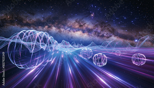 Abstract Quantum Physics visualization Glowing waves and spheres representing dimensions and particles accelerating through purple spacetime towards the starry Milky Way galaxy.