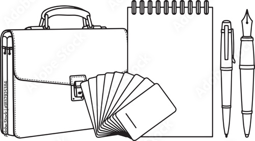 Black and white line art illustration of a briefcase notebook and two pens fountain pen writing