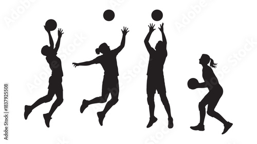 Volleyball Players Silhouettes in Action Poses, Sport and Team Competition Vector Illustration