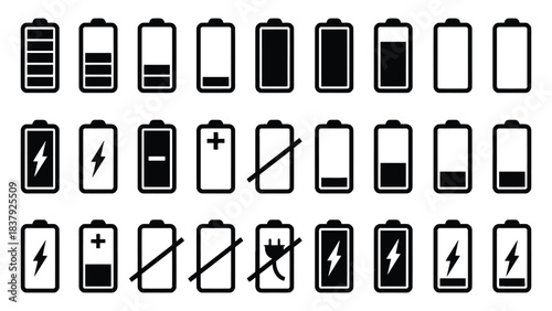Battery charge level indicators vector icon set illustration