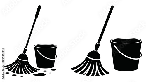 Set of two cleaning mops and buckets icons, black silhouette vector illustration