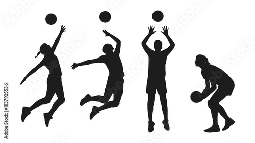 Volleyball Players Silhouettes in Action Poses, Sport and Team Competition Vector Illustration