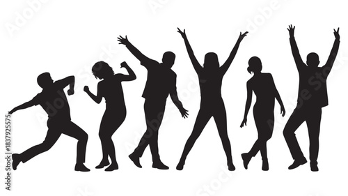 Group of Happy People Dancing Silhouettes Vector Illustration, Energetic Party and Celebration Concept