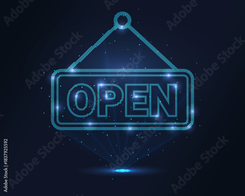 Holographic OPEN sign in glowing blue wireframe, projected via laser with floating particles. 3D effect for tech, business openings, sales start and digital interfaces. Ideal for apps, alerts