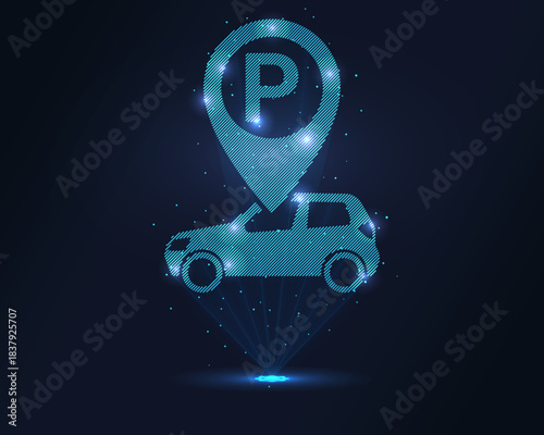 Holographic car parking icon: blue wireframe vehicle under P location pin, projected via laser. Particles enhance 3D effect. Ideal for navigation apps, smart parking, urban mobility and tech branding.