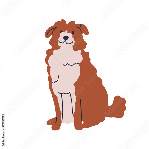 Mutt dog sitting. Homeless unkempt doggy, mixed breed puppy, messy coat, looking friendly. Scruffy street canine animal. Cute shabby shepherd. Flat vector illustration isolated on white background