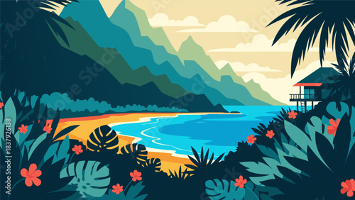 Vibrant Vector Illustration of a Beautiful Tropical Island Beach with a Scenic Overwater Bungalow, Lush Palms, and Distant Mountains