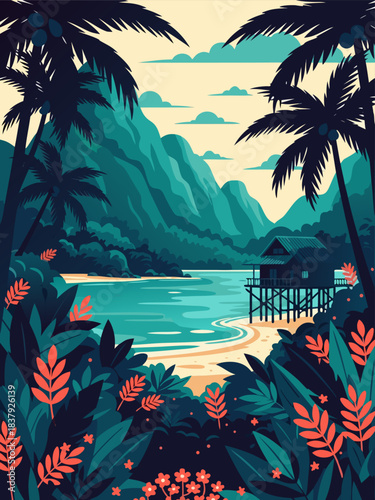 Serene Tropical Beach Paradise with Palm Trees and Mountain Views – Idyllic Island Getaway Illustration