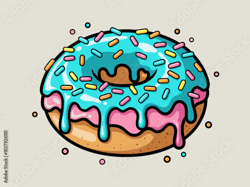 Vibrant Cartoon Donut Illustration with Dripping Blue Icing and Playful Sprinkles, a Sweet Baked Confectionery Treat Graphic Design