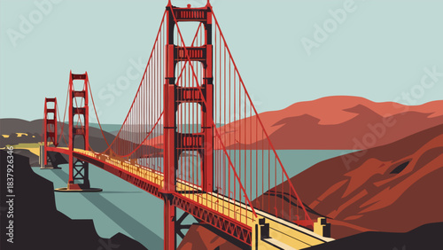 Vibrant vector illustration of a grand suspension bridge over tranquil waters, framed by scenic hills and a distant metropolitan outline