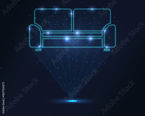 Holographic sofa icon in glowing blue wireframe, projected via laser with floating particles. 3D effect for interior design, furniture apps, real estate and home branding. Ideal for digital catalogs