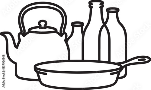 Black line art illustration of kitchenware including teapot bottles and frying pan kettle jars