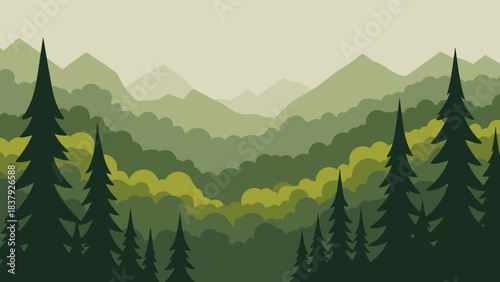 Stylized Layered Mountain Landscape with Green Forest and Pine Trees in Tranquil Vector Illustration