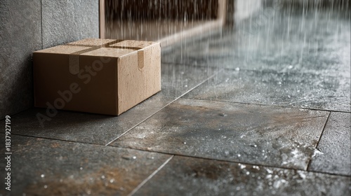 Wet cardboard package exposed to rain delivery risk scenarios, emphasizing missed dropoff issues, protection needs and ecommerce logistics vulnerabilitie. Parcel security, last-mile servise