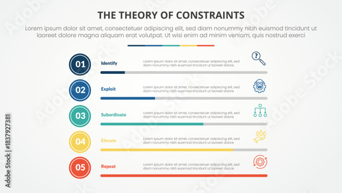 TOC theory of constraints infographic concept for slide presentation with percentage bar progress stack with 4 point list with flat style