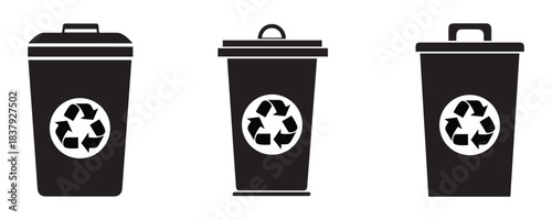 Set of three black silhouette vector icons showing different public and domestic trash cans with lids and a clear white universal recycling symbol on the front.