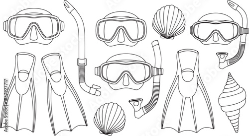 Line art illustration of diving masks snorkels fins and seashells