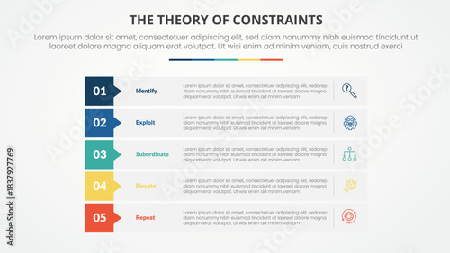 TOC theory of constraints infographic concept for slide presentation with rectangle stack callout badge header with 4 point list with flat style
