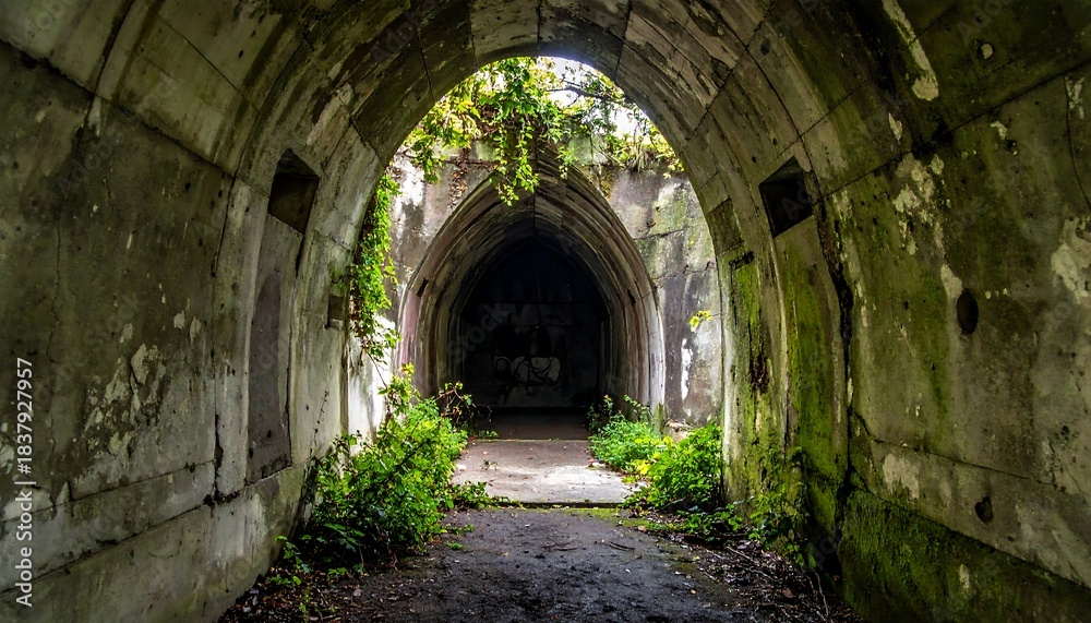 Obraz premium Tunnel of concrete and stone lined with vines and plants leading into the dark