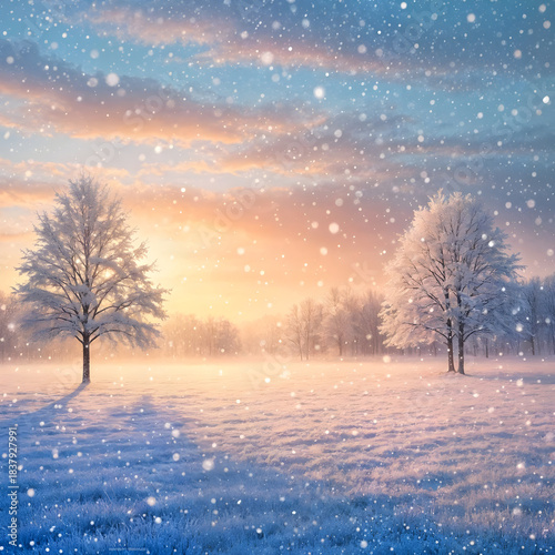 Soft morning light glows over a snowy field as gentle flakes fall, illuminating frost-covered trees beneath a peaceful pastel winter sky. Amazing digital illustration. CG Artwork Background