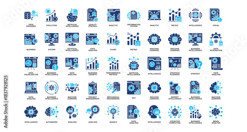 Intelligence analysis icon set collection. Containing organ, mind, visual, evolution, computing, intelligence, performance .Solid vector icons collection