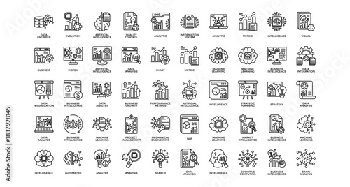 Intelligence analysis icon set collection. Containing organ, mind, visual, evolution, computing, intelligence, performance .Line vector icons collection