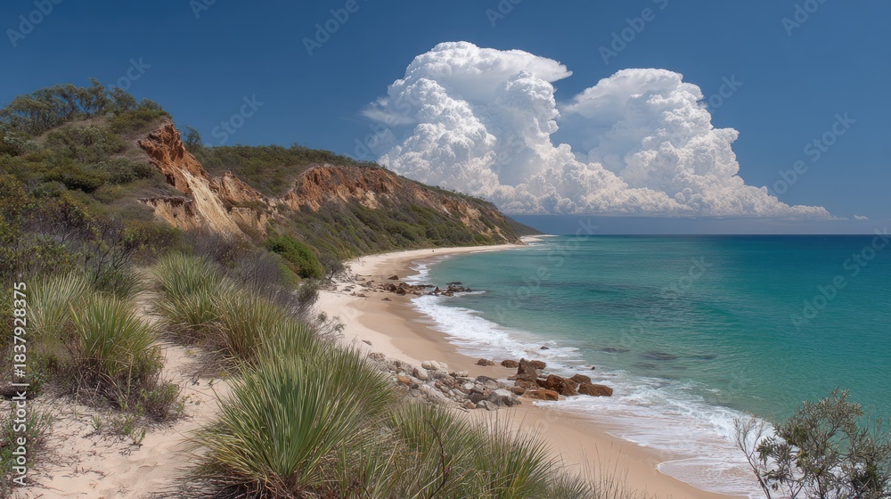 Fototapeta premium Coastal landscape features steep vegetated bluffs overlooking turquoise ocean water under dramatic cloud formations