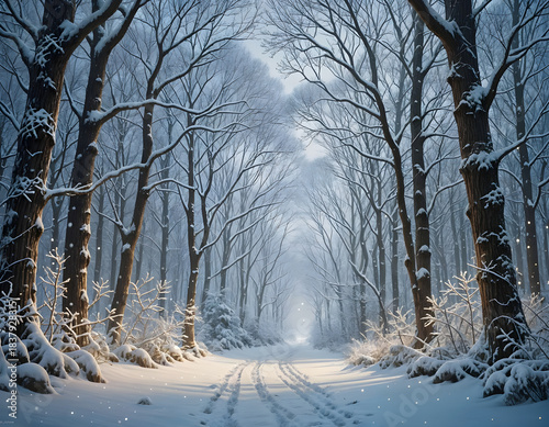 A quiet snow-covered forest path glows softly at dawn, trees arching overhead as fresh tracks lead toward a serene, misty winter horizon. Amazing digital illustration. CG Artwork Background