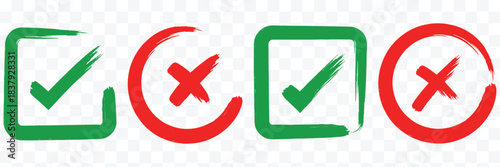 Check marks doodle set. hand drawn chalk checklist, checkbox, green tick and red cross signs in sketch style. charcoal pencil correct or incorrect symbols. crayon checkmarks, yes and no elements. tick