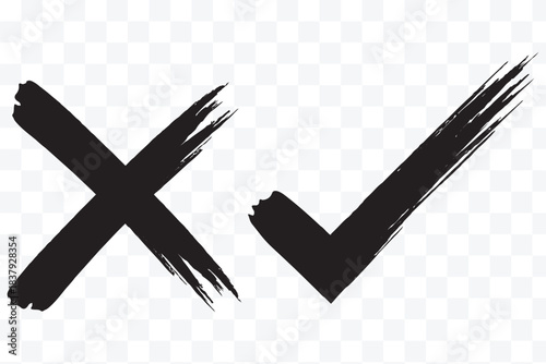 tick and cross mark. hand-drawn tick and cross icon set. brush green check and red cross. Grunge brush stroke checkmarks with tick and cross symbols. Green and re grunge style vector illustration set