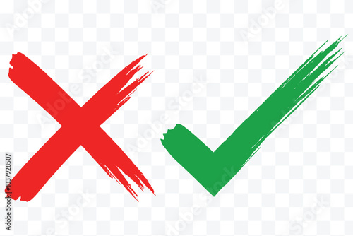 tick and cross mark. hand-drawn tick and cross icon set. brush green check and red cross. Grunge brush stroke checkmarks with tick and cross symbols. Green and re grunge style vector illustration set