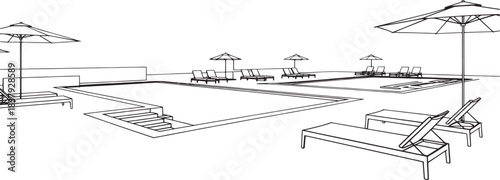 Minimalist line art illustration of a resort swimming pool with lounge chairs and umbrellas vector