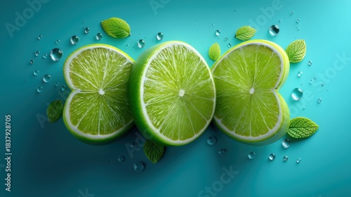 Lime slices shaped like shamrock on aqua background