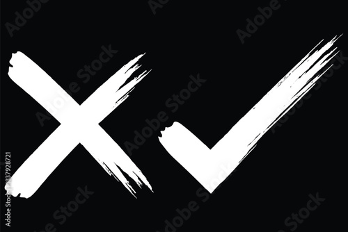 tick and cross mark. hand-drawn tick and cross icon set. brush green check and red cross. Grunge brush stroke checkmarks with tick and cross symbols. Green and re grunge style vector illustration set