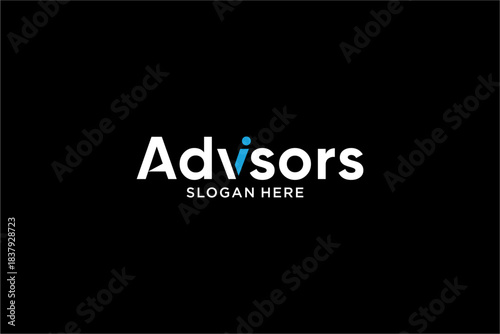 Advisors text logo with slogan on black background.
