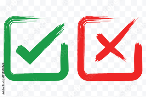 Check mark icons. green check mark and red cross mark icon set. Tick and cross mark grunge brush painted vector symbols. Green checkmark and red X icon. Hand drawn doodle sketch style. Yes and no icon