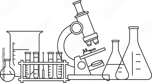 Minimalist line art illustration of laboratory equipment and microscope science research