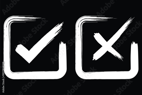 Check mark icons. green check mark and red cross mark icon set. Tick and cross mark grunge brush painted vector symbols. Green checkmark and red X icon. Hand drawn doodle sketch style. Yes and no icon