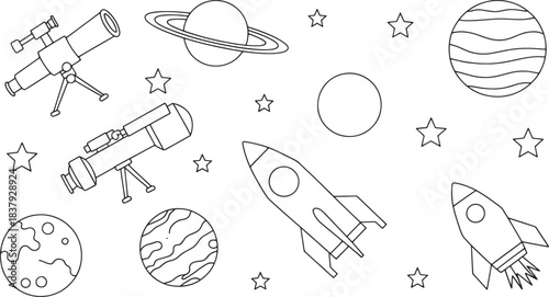 Minimalist line art illustration of space objects and rockets telescope planet
